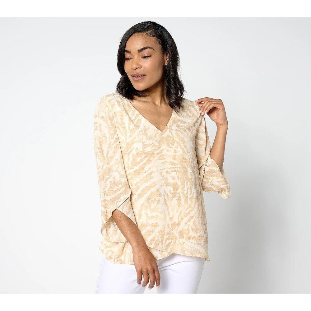 BEAUTIFUL by Lawrence Zarian Top Size Large Paradise Printed V Neck Blouse Cream